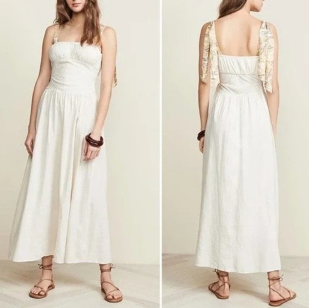 Free People Santorini Midi Dress Pleats Linen Contrast Tie Straps Siz 4 Ecru NWT - Picture 1 of 16